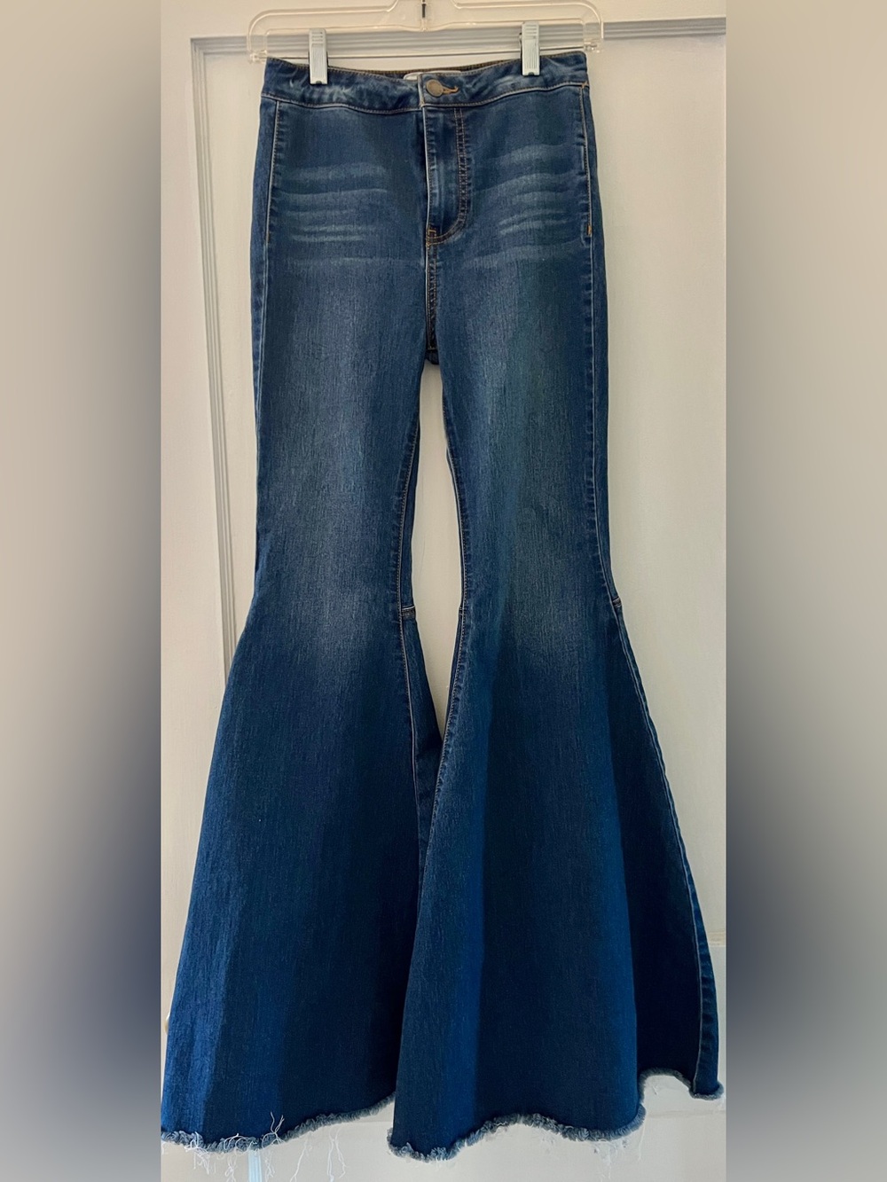Free People Bell Bottom Flare Jeans — Dark Wash, Frayed Hem